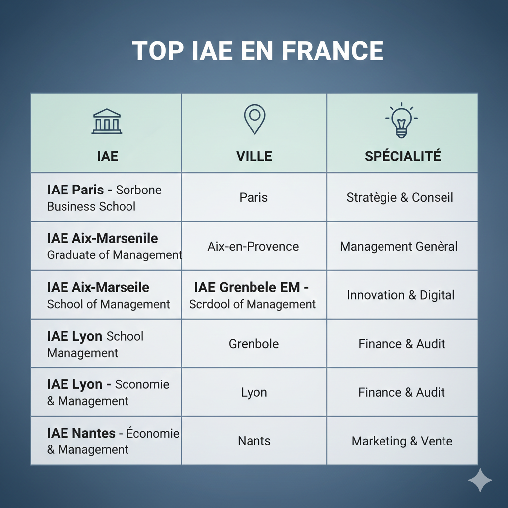 Carte des IAE en France acceptant le score IAE Message Paris, Lyon, Aix Marseille, Grenoble.