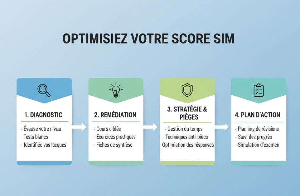 Processus en 4 étapes pour améliorer son score IAE Message (SIM) Diagnostic, Corrections, Pièges, Plan.